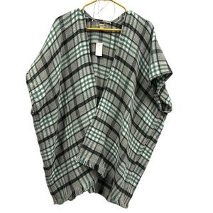 Loft Gray Green Plaid Blanket Kimono Wrap Jacket Top Oversized Womens XS Small